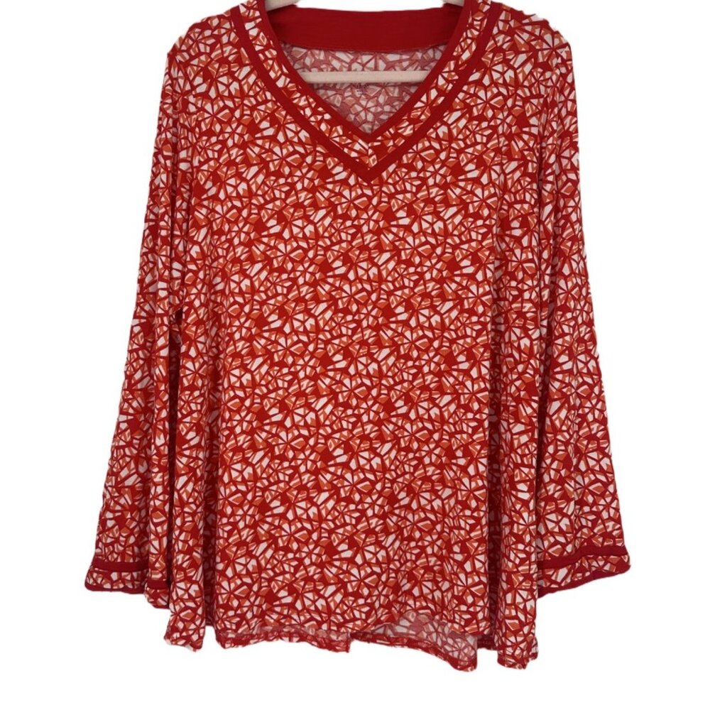 ✨ Jessica London Rust Red Geometric Abstract V-Neck Blouse Plus Size 2X ✨